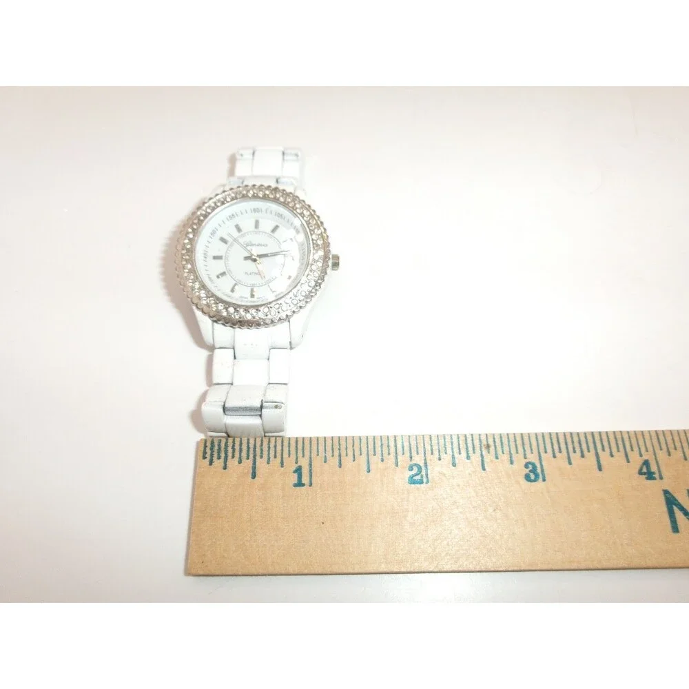 Geneva Platinum Japan Movt White Enamel Band Jeweled Dial Works Includes Battery